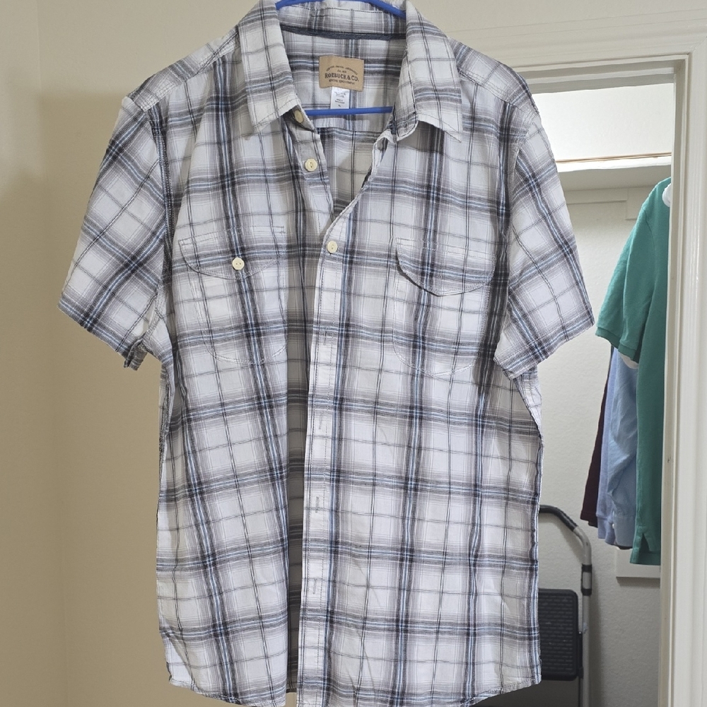 Men's White and Black Plaid Button-Down Shirt